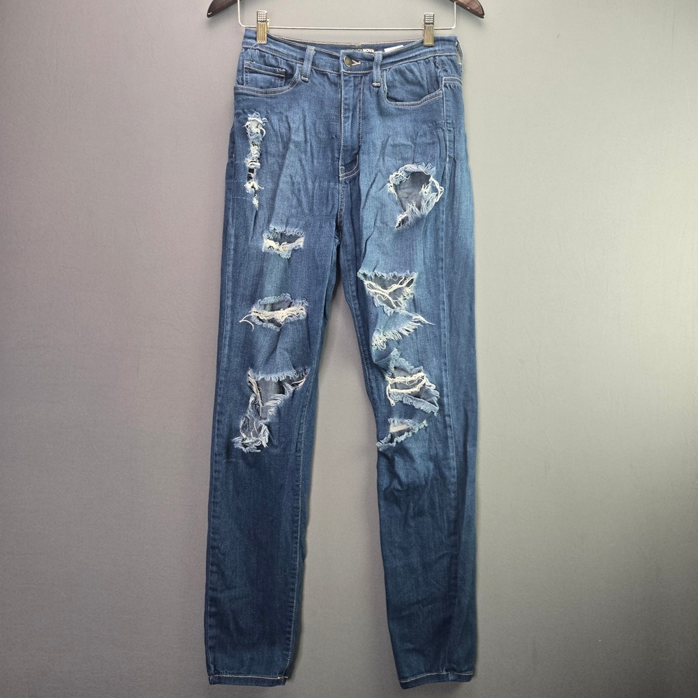 Fashion Nova Distressed Skinny Jeans Size 7 Blue Ripped High Waisted Denim Pant